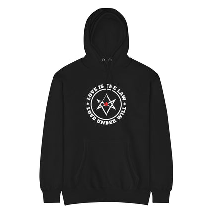 Hoodie featuring the Unicursal Hexagram symbol and "Love Is The Law" motto design.