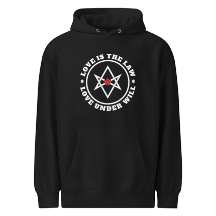 Love Is The Law Unicursal Hexagram symbol on a unisex pullover hoodie design.