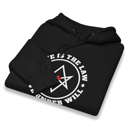 Love Is The Law unicursal hexagram design on black Crowley Thelema pullover hoodie.
