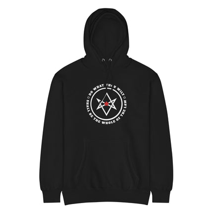 **Option 1 (Most Direct & Keyword-Rich):**
Unicursal Hexagram hoodie featuring "Do What Thou Wilt" text graphic design.

**Option 2 (Slightly more descriptive):**
Black pullover fleece hoodie with unicursal hexagram and do what thou wilt print.

*(Self-Correction/SEO Note: Option 1 is the strongest choice as it remains highly concise while hitting all major keywords.)*