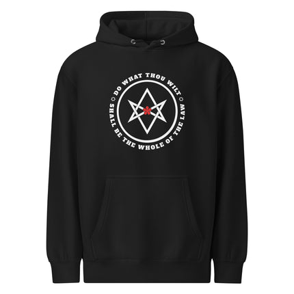 Unicursal Hexagram and "Do What Thou Wilt" text printed on a unisex pullover hoodie.