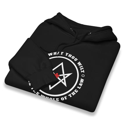 Unicursal Hexagram hoodie featuring "Do What Thou Wilt" occult symbol print on unisex fleece pullover.