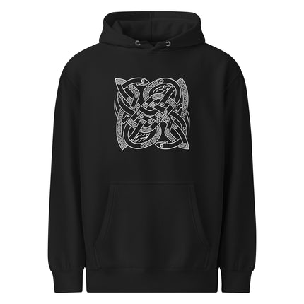 Black unisex hoodie featuring a Norse Ouroboros and intricate Celtic knot infinity serpent design.