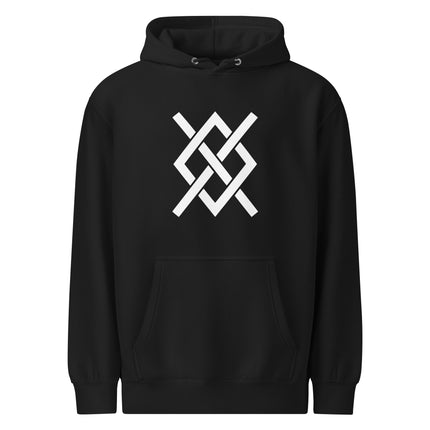 Norse Viking hoodie featuring Odin's Gungnir spear and runic symbol design print.