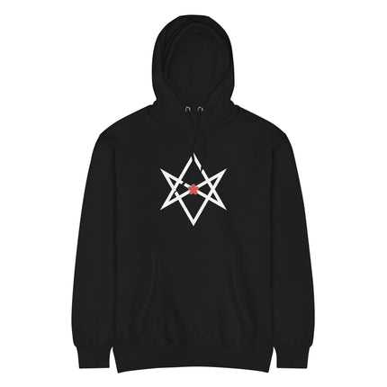 Red Unicursal Hexagram Hoodie featuring Thelemic red flower symbol print.