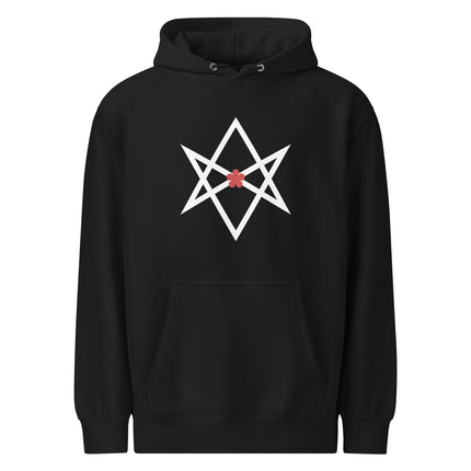 Unisex hoodie featuring a red flower and Unicursal Hexagram symbol design.