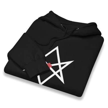 Unicursal Hexagram and red flower graphic printed on a unisex pullover hoodie.