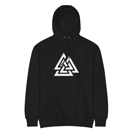 Black unisex hoodie featuring a bold Valknut Norse symbol graphic design.