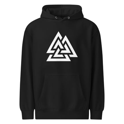 Black unisex hoodie featuring the Valknut Norse Viking symbol graphic print.