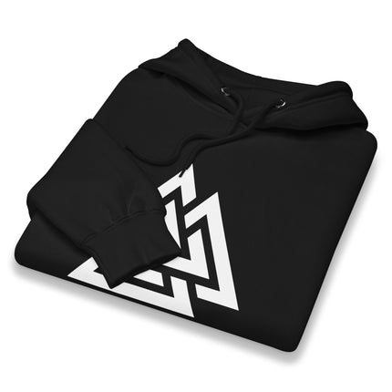 Norse Valknut symbol graphic on a unisex Viking pullover hoodie.