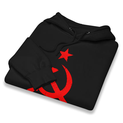 Distressed Red Hammer & Sickle Hoodie | Communist USSR Symbol Pullover Hoodie
