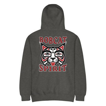 Tribal cat art pullover hoodie featuring red bobcat spirit design and native american patterns.