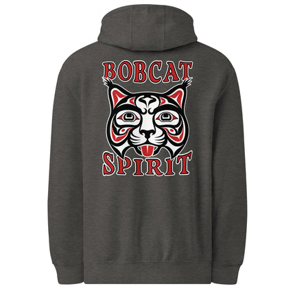 Red bobcat spirit tribal art pullover hoodie featuring Native American cat design.