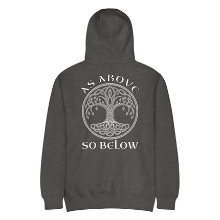 Celtic Tree of Life Yggdrasil motif printed on a pullover hoodie with "As Above So Below" design.