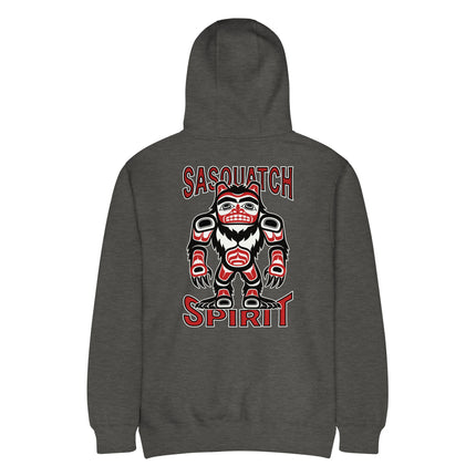 Sasquatch spirit native art print of Bigfoot on a pullover hoodie back.