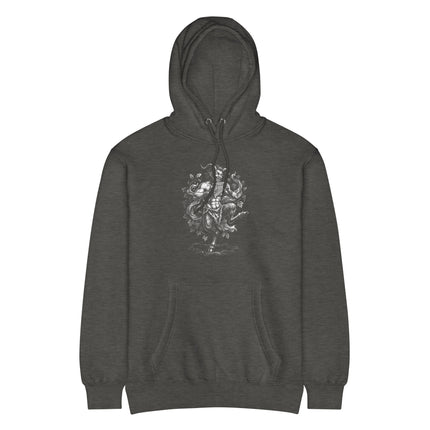 Greek Mythology Pan hoodie featuring a satyr god playing panpipes illustration design.