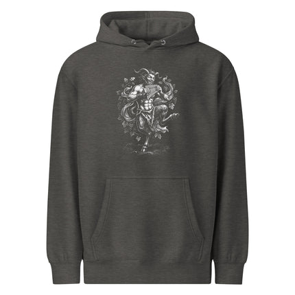 Pan God dancing panpipes pullover hoodie featuring Greek mythology satyr god artwork.