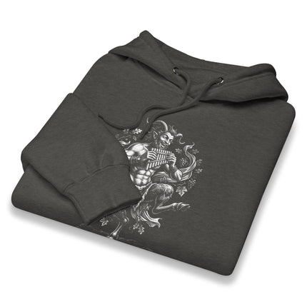 Greek satyr God Pan playing panpipes graphic on a dancing mythological pullover hoodie.