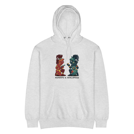 Hunahpu and Xbalanque Maya Hero Twins graphic on a pullover hoodie.
