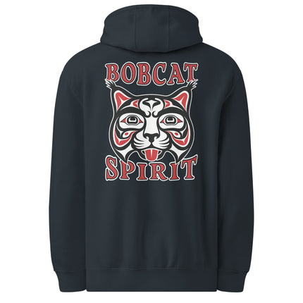 Red bobcat tribal art pullover hoodie featuring Native American inspired feline graphic print.