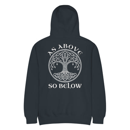 Celtic Tree of Life Yggdrasil design printed on a pullover hoodie, symbolizing connection and life cycles.