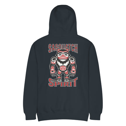 Native Art print of Sasquatch spirit and Bigfoot on the back of a black pullover hoodie.