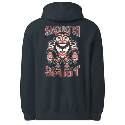 Native art Sasquatch Bigfoot graphic print on the back of a pullover hoodie.