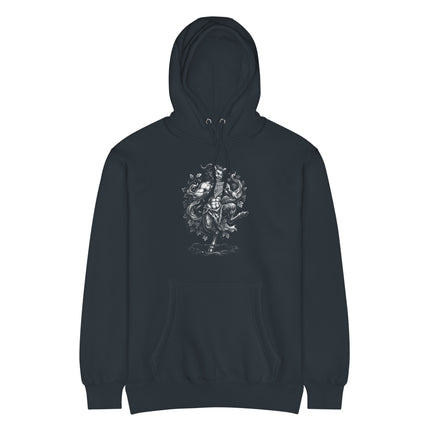 Dancing Pan satyr god on panpipes pullover hoodie graphic featuring Greek mythology art.
