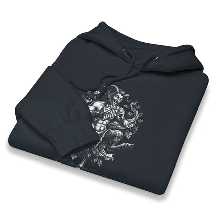 Pan god satyr illustration on a pullover hoodie, featuring dancing motifs and panpipes from Greek mythology.
