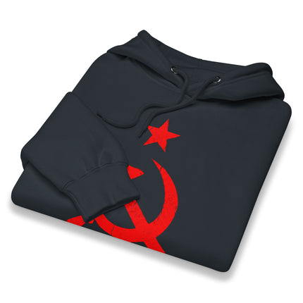 Distressed Red Hammer & Sickle Hoodie | Communist USSR Symbol Pullover Hoodie