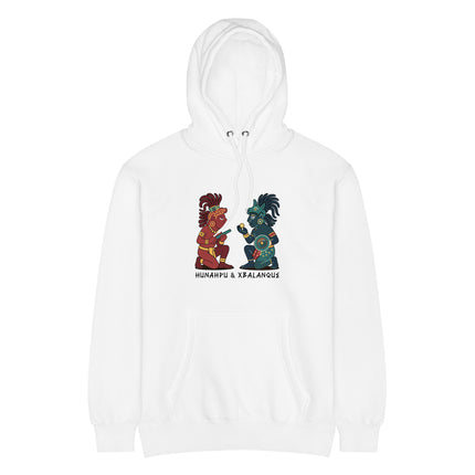 Hunahpu and Xbalanque Maya Hero Twins graphic hoodie featuring Mayan mythology art.