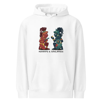 Hunahpu and Xbalanque Maya Hero Twins graphic hoodie featuring vibrant Mayan mythology art.