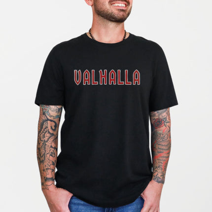 VALHALLA Norse Mythology Viking T-Shirt | Bold Red Letter Text Tee Shirt