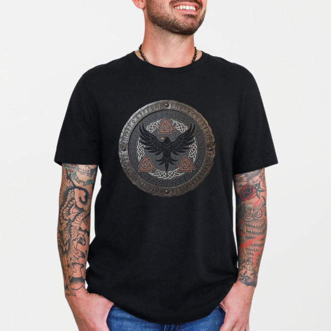 Norse Raven Shield T-Shirt: Viking Raven & Norse Mythology Tee