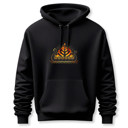 Burning Viking longship graphic design on a black hoodie, symbolizing Norse mythology.
