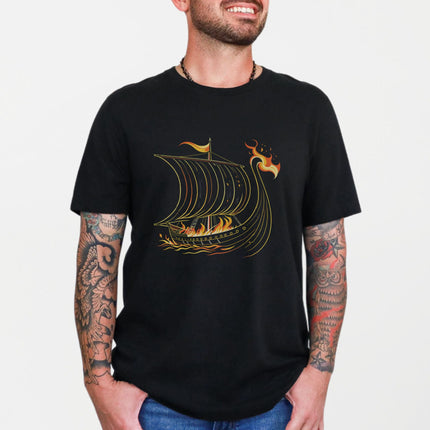 Viking Ship Burning T-Shirt | Norse Funeral Longship Graphic Tee Shirt