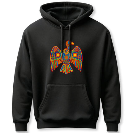 Vibrant Huichol-style eagle graphic on black hoodie, featuring indigenous tribal art.