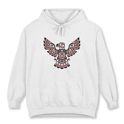 Haida Formline art eagle graphic on a white hoodie. Pacific Northwest Indigenous design.