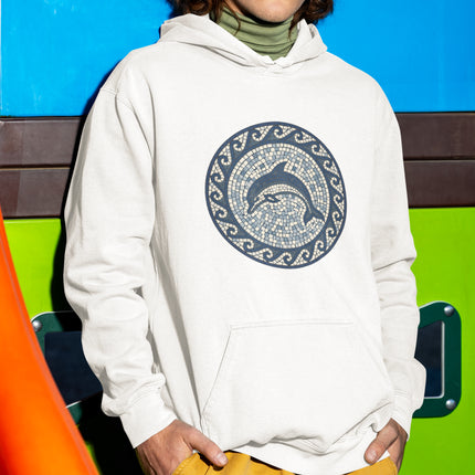 Mosaic dolphin art on a cream hoodie, featuring a circular coastal mosaic design.