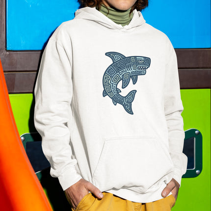 Blue geometric tribal shark design on a white pullover hoodie featuring Mayan Aztec patterns.