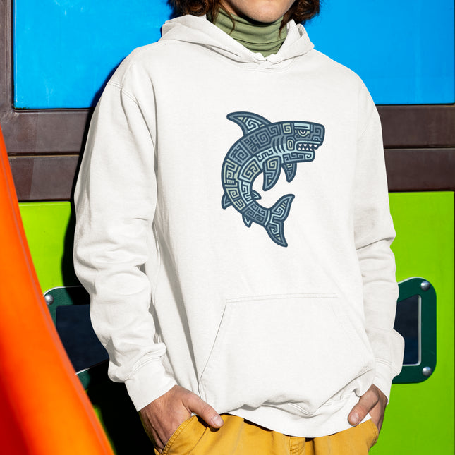 Mayan Tribal Shark Pattern Hoodie | Blue Geometric Aztec Unisex Pullover Hoodie