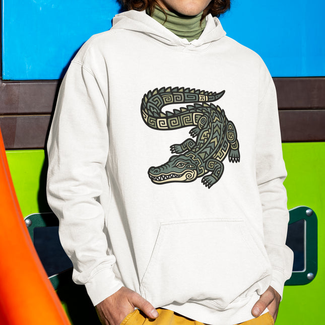 Mayan Crocodile Tribal Art Hoodie | Ancient Geometric Symbol Pullover Hoodie