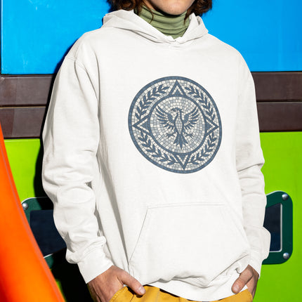 Mosaic eagle and laurel wreath symbol printed on a unisex pullover hoodie.
