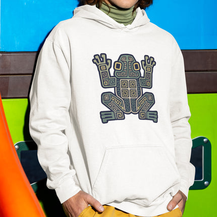 Mayan Frog Symbol Geometric Hoodie | Ancient Aztec Tribal Art Pullover Hoodie