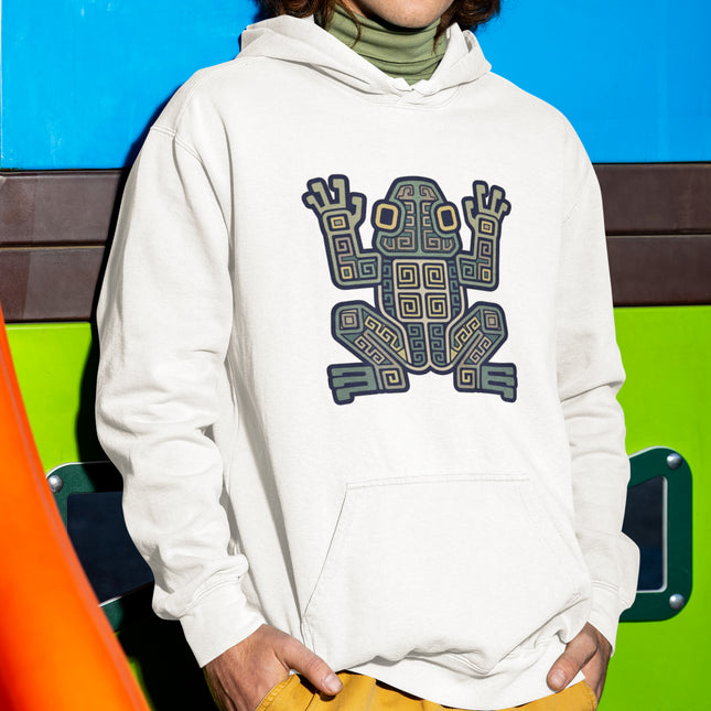 Mayan Frog Symbol Geometric Hoodie | Ancient Aztec Tribal Art Pullover Hoodie