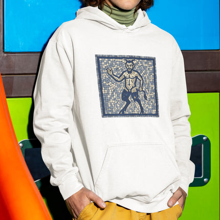 Greek Satyr mosaic art printed on a white pullover hoodie.