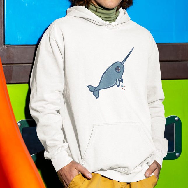 Inuit Inspired Narwhal Graphic Hoodie | Blue Arctic Whale Pullover Hoodie