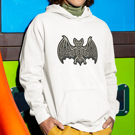 Geometric Mayan bat tribal graphic on a white pullover hoodie.