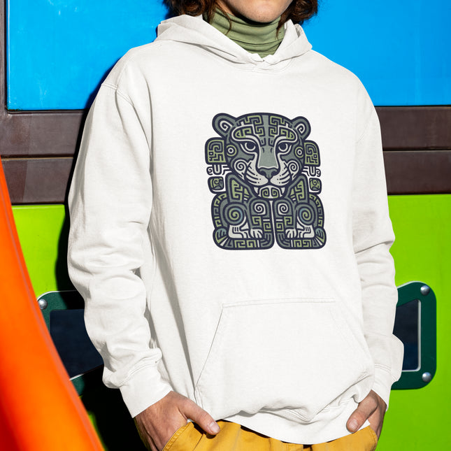 Mayan Jaguar Geometric Art Hoodie | Tribal Symbol Mesoamerican Pullover Hoodie
