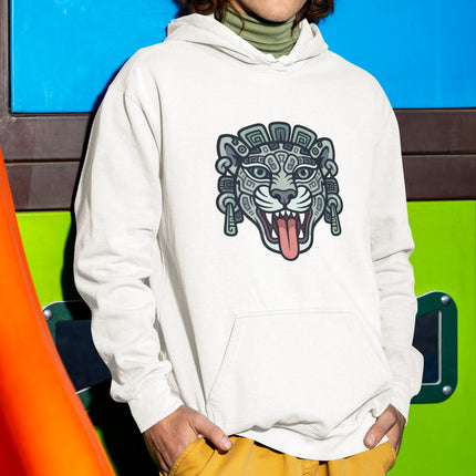 Tribal Mayan Jaguar head graphic on a white pullover hoodie, featuring Mesoamerican art.